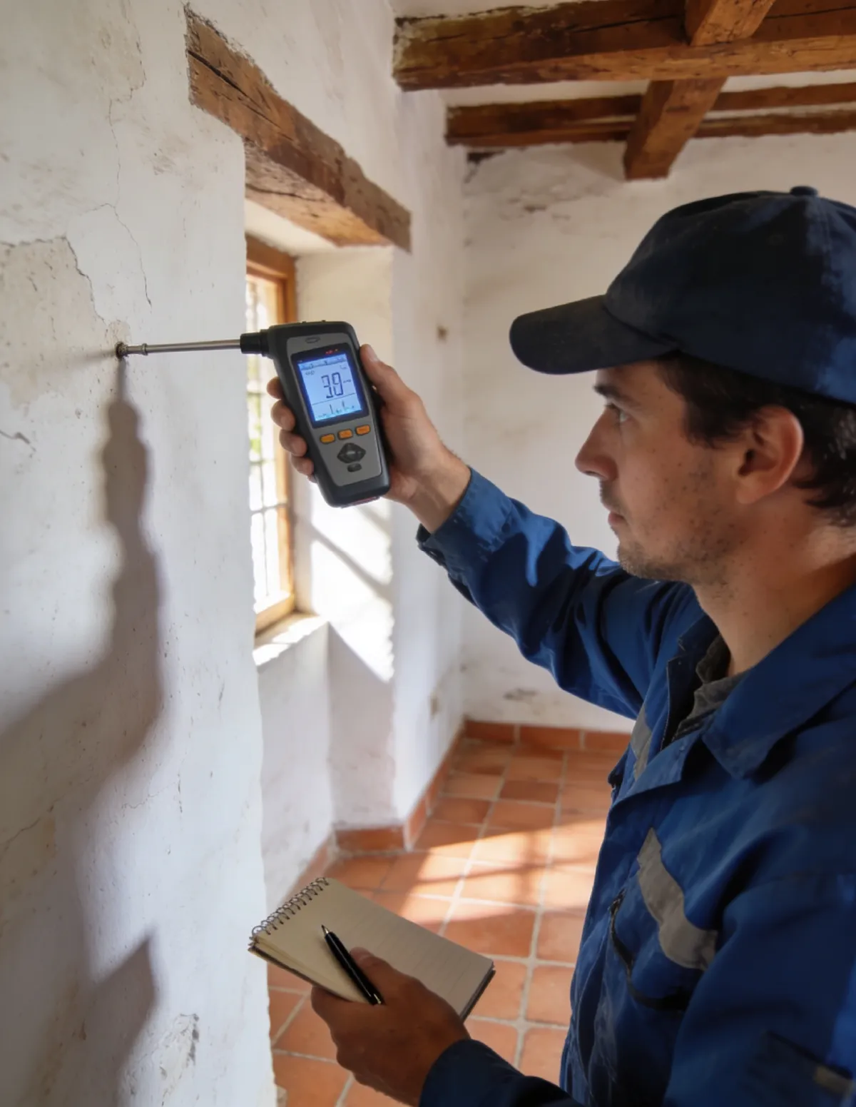 Técnico HUMIX midiendo la humedad de un muro antiguo en Tudela de Duero